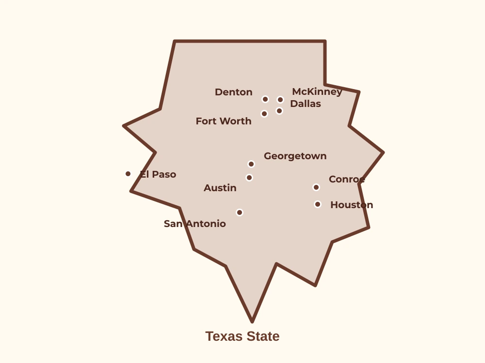 Map of Texas State showing major cities